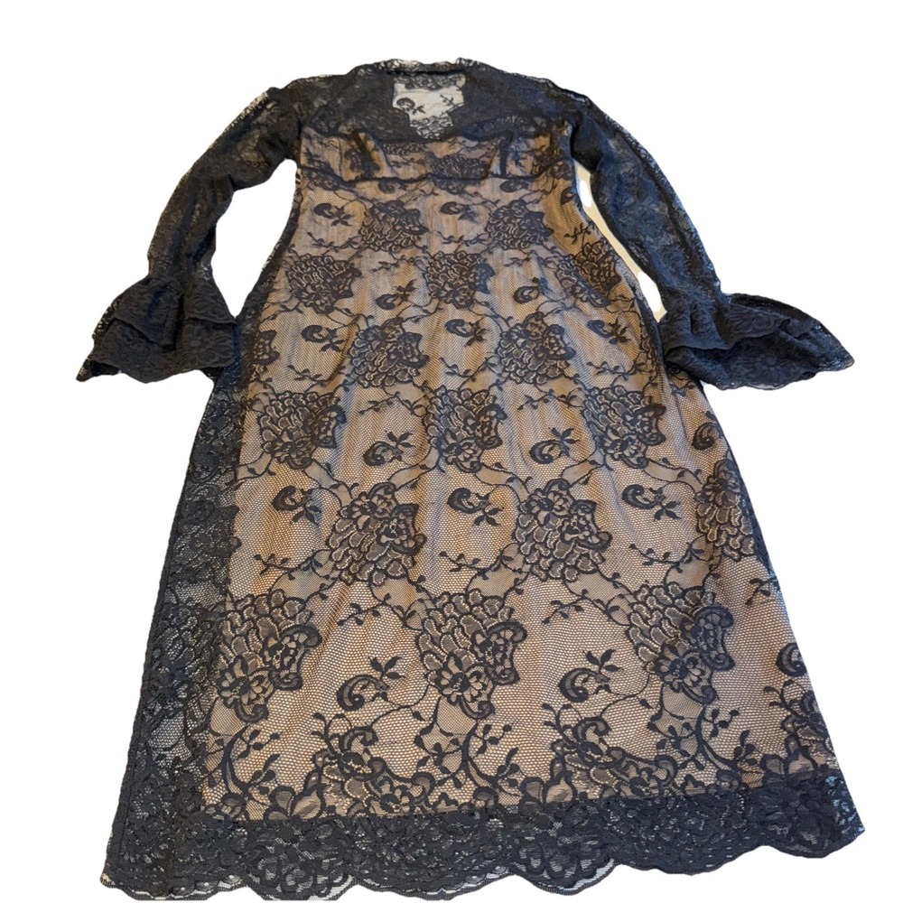 Black Floral Lace Long Sleeve Midi Dress with Bell Cuffs goth sex timeless - Picture 2 of 16